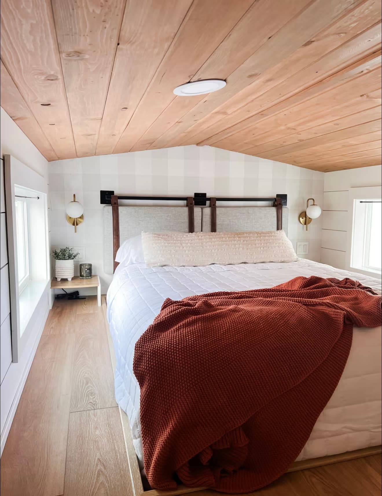 Loft Bedroom — Custom wood ceiling and built-in headboard